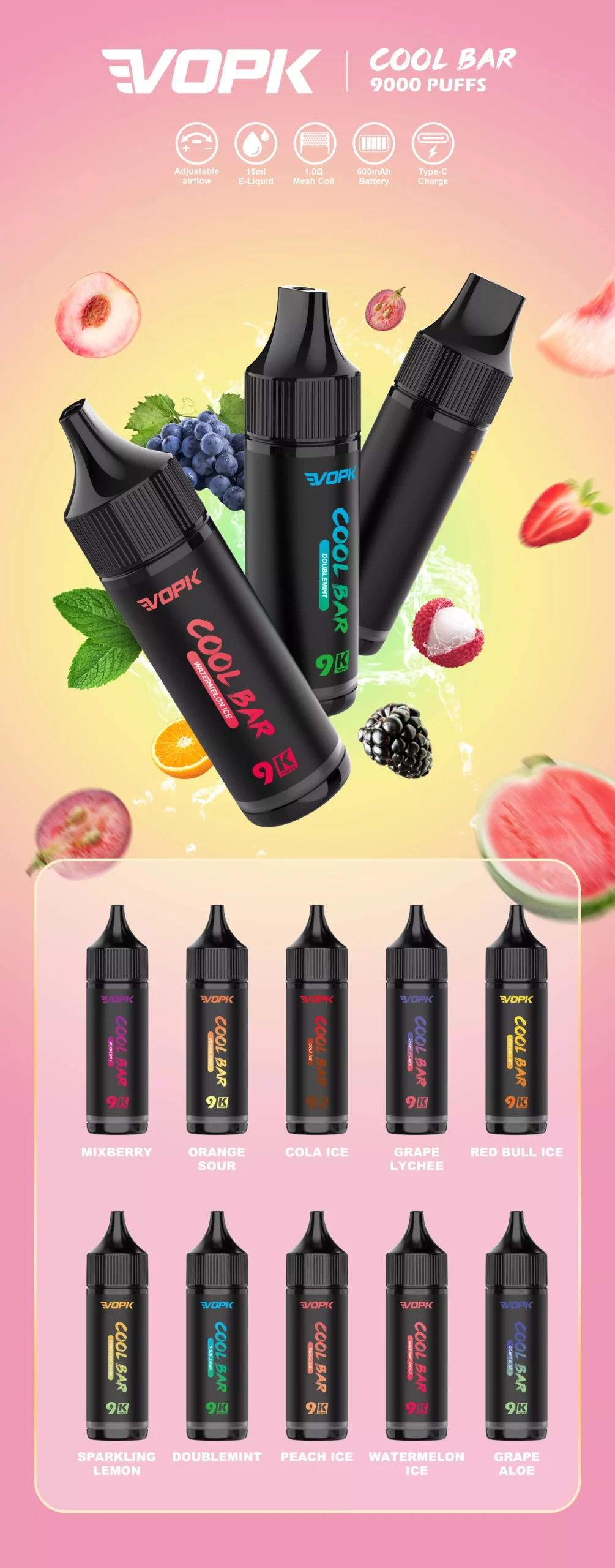 VOPK COOL BAR-9000 PUFFS 0% 2% 3% 5% Нікотиновий одноразовий вейп оптом
