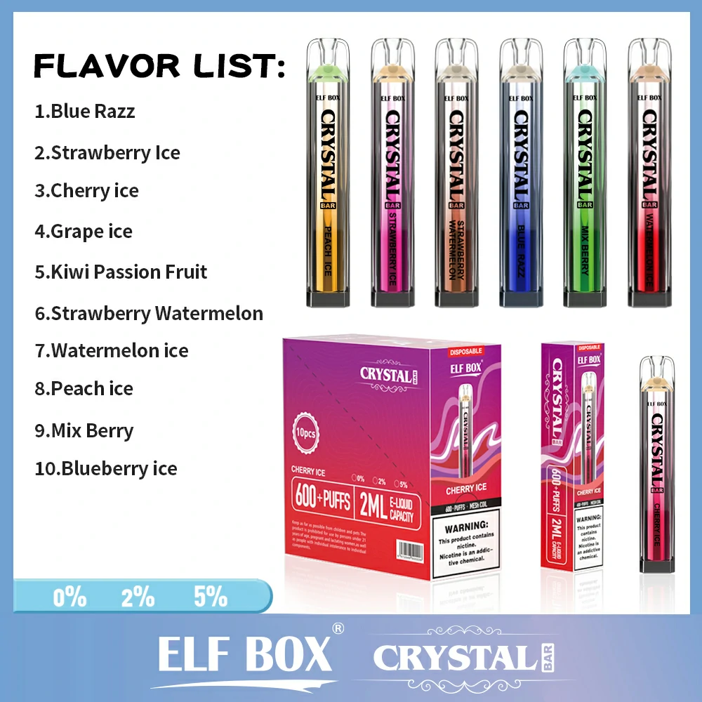 ELF BOX CRYSTAL BAR 600 vpihov 0% 2% 5% Nikotinski vape za enkratno uporabo na debelo