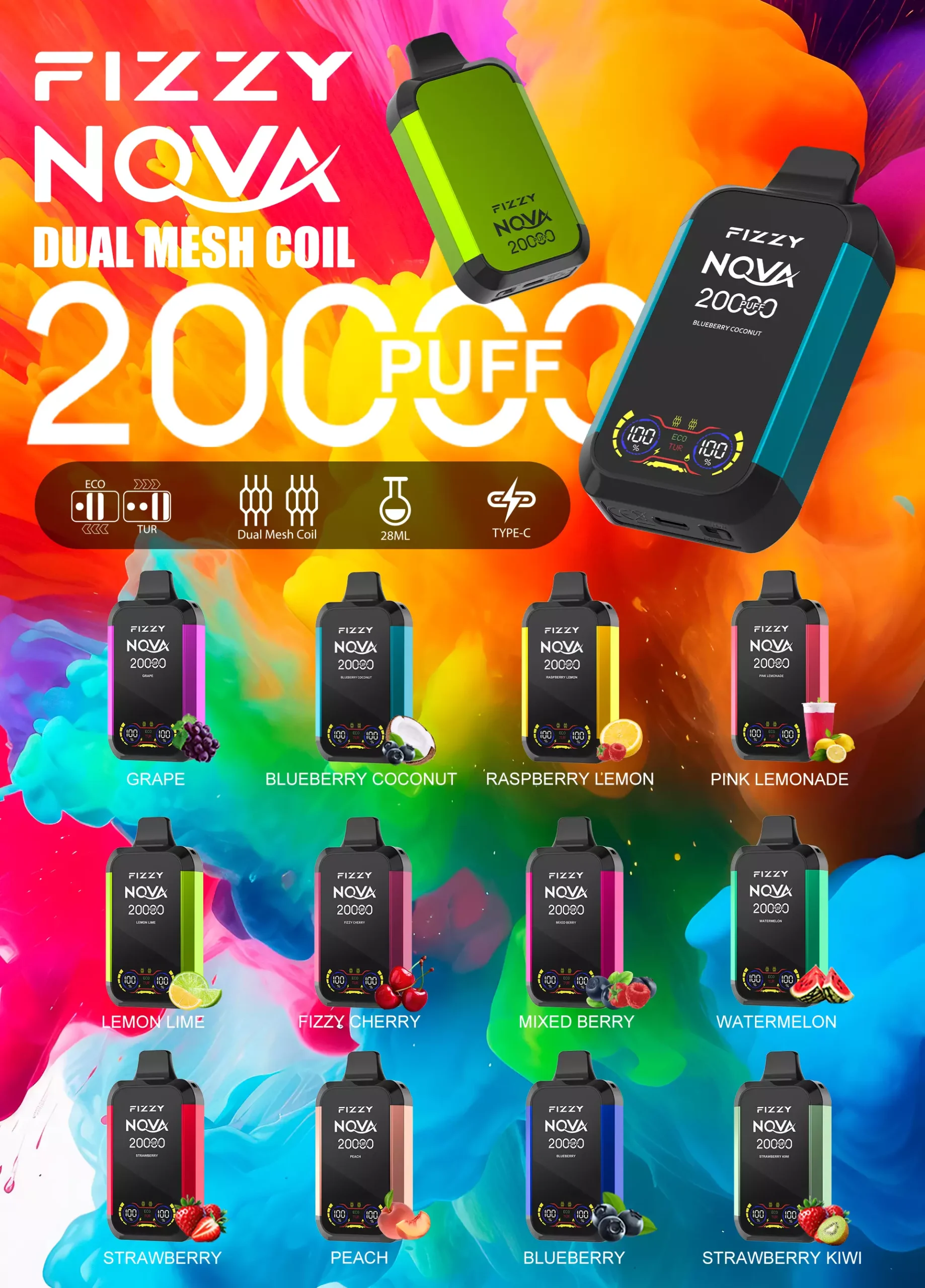 Fizzy Nova 20000 Rookwolken Dual Mesh 2% 5% Oplaadbare wegwerpvapes-pen met laag nicotinegehalte in bulk Koop groothandel