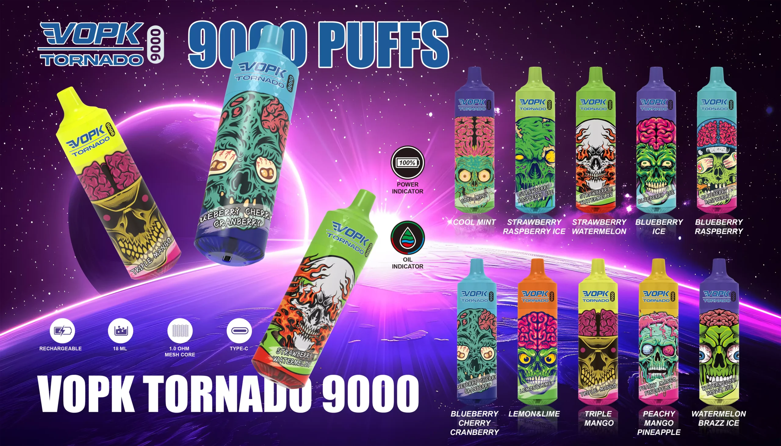 VOPK Tornado 9000 Puffs 0% 2% 3% 5% Одноразова ручка для вейпів з низьким вмістом нікотину Купуйте оптом