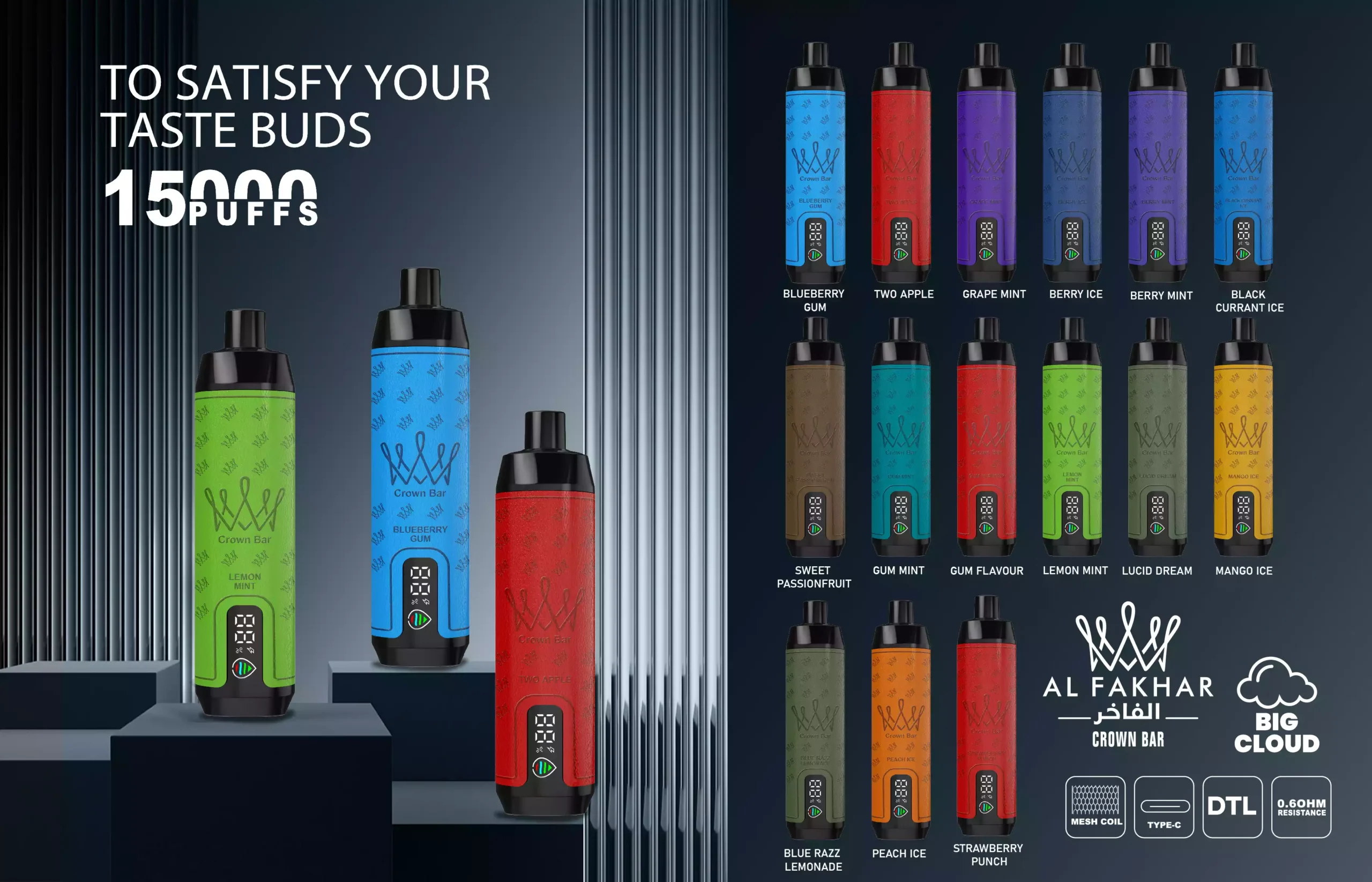 Al Fakhar Crown Bar 15000 Puffs DTL LED Display 2% Low Nikotine Ladattava Kertakäyttöinen Vapes Pen Bulk Tukkumyynti
