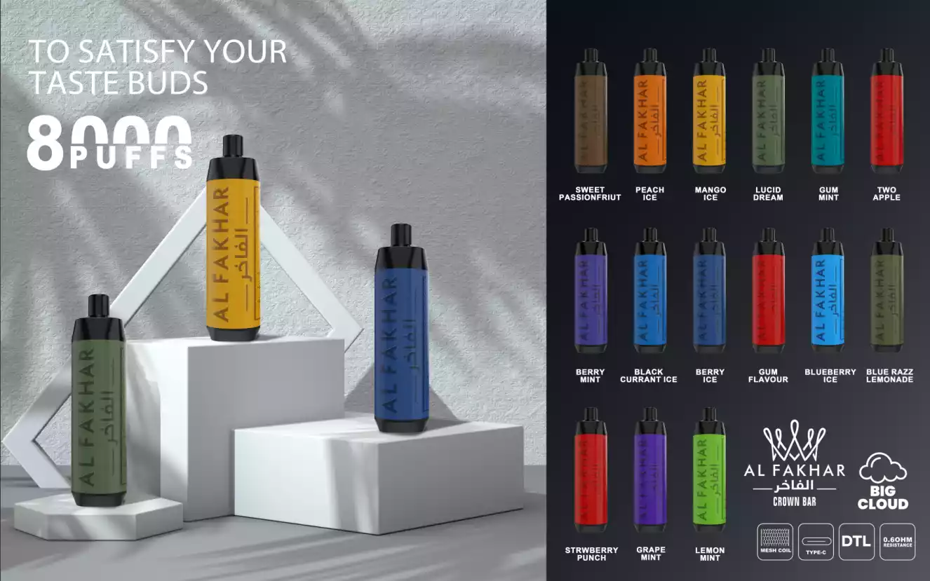 Al Fakhar Crown Bar 8000 Puffs Big Cloud DTL 2% Vähä Nikotiini Ladattava Kertakäyttöinen Vapes Pen Bulk Tukkumyynti