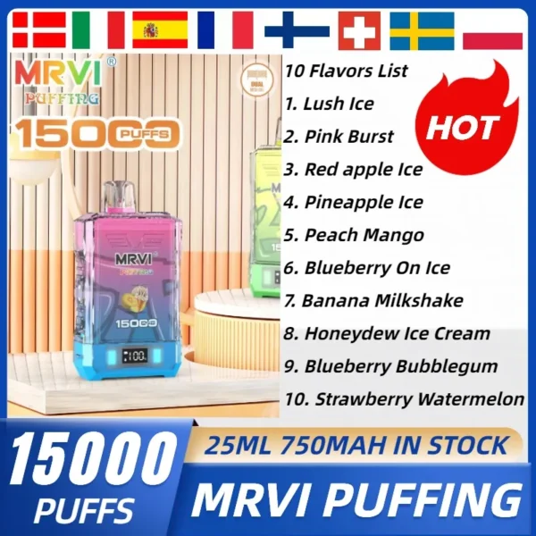 MRVI Puffing 15000 Puffs Pantalla digital de malla dual 2% 5% Vapes desechables recargables con bajo nivel de nicotina Pluma Compra a granel al por mayor - WINGVAPE - 1