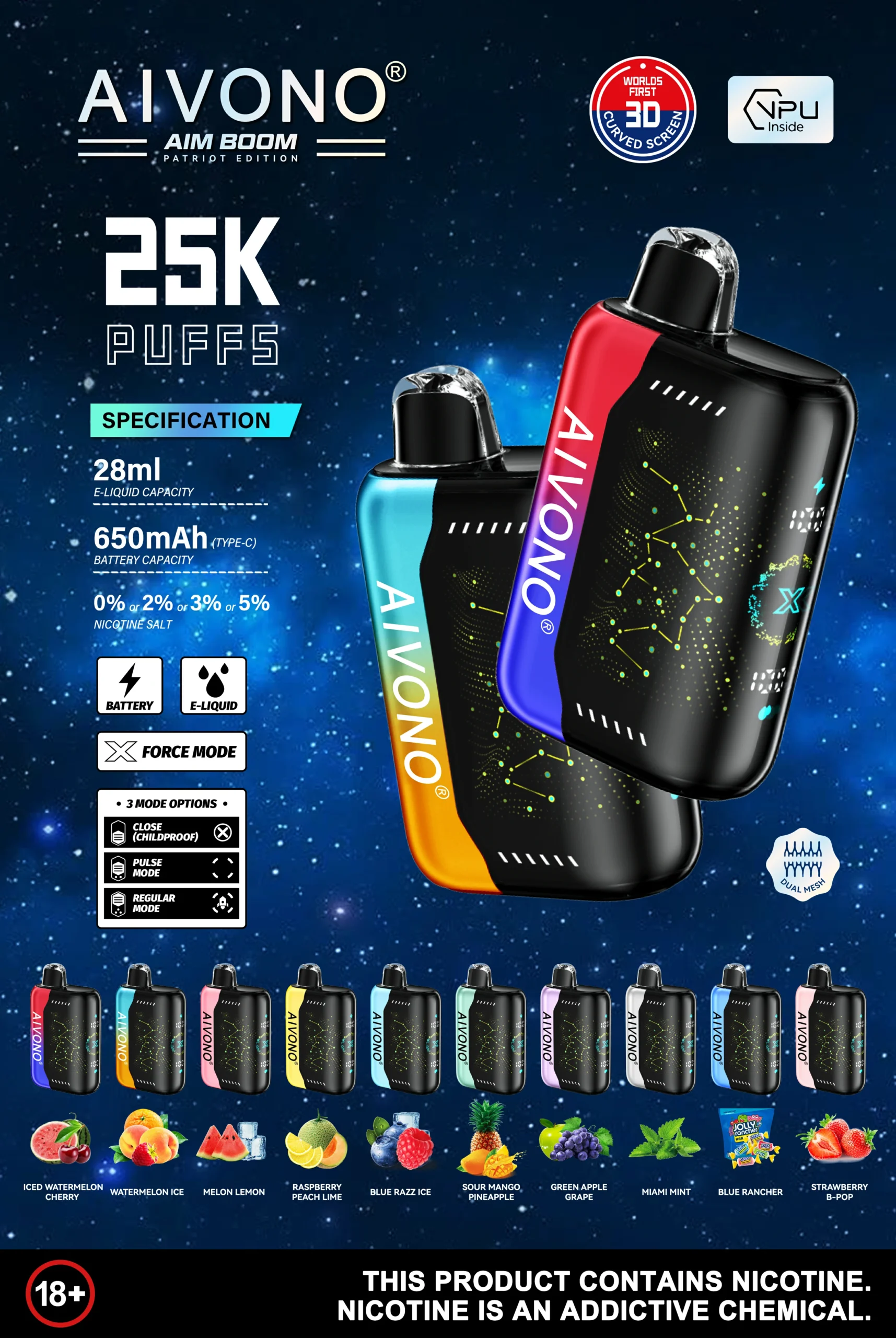 AIVONO AIM BOOM 25000 Puffs Dual Mesh Schermo digitale 0% 2% 3% 5% Penna per vapori usa e getta ricaricabile a basso contenuto di nicotina all'ingrosso Acquista all'ingrosso