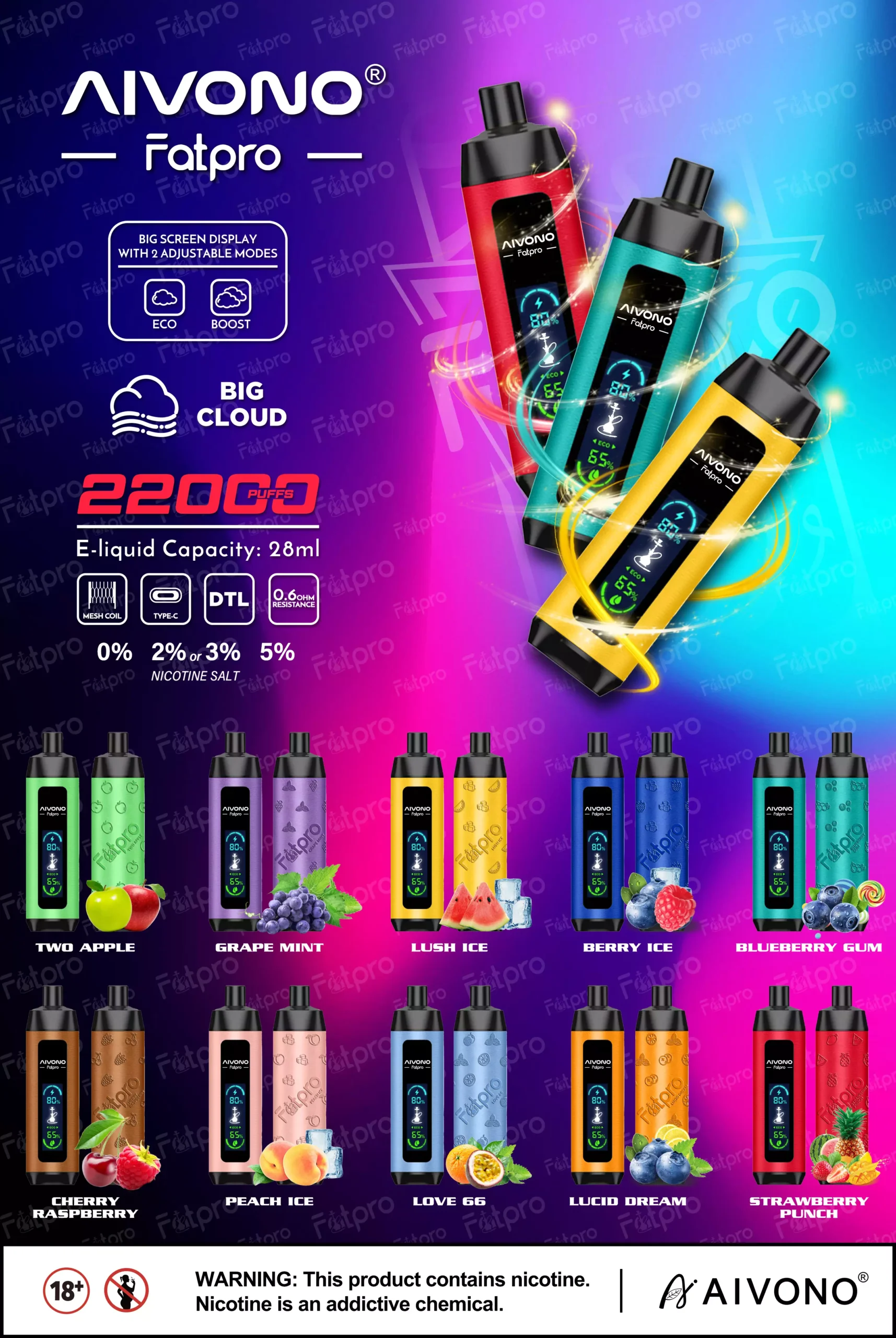 AIVONO Fatpro 22000 Puffs Narghilè Schermo digitale 0% 2% 3% 5% Penna per vapori usa e getta ricaricabile a basso contenuto di nicotina all'ingrosso Acquista all'ingrosso